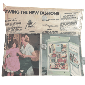 Vintage 1950's magazine wallet featuring Singer sewing machine ads and Frigidaire fridge pages, slimline and handmade with magnetic closure.