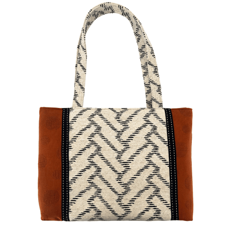 Caramel Noir Japanese cotton bag with panel detail with woven chevron strap detail on handcrafted shoulder bag – Lyssy May