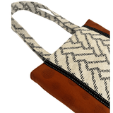 Close-up of black and white woven chevron handle with cream topstitching on handcrafted Japanese cotton tote – Lyssy May