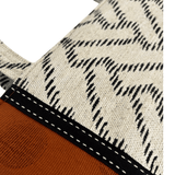 Close-up of black ribbon trim with white topstitching joining Japanese cotton/linen panel to burnt toffee side panel – Lyssy May