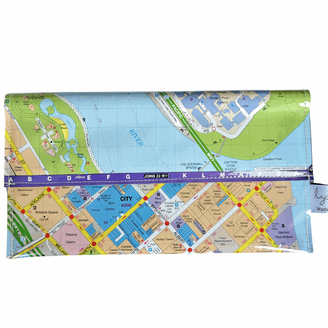 Recycled street map wallet featuring Brisbane City Centre map and magnetic closure
