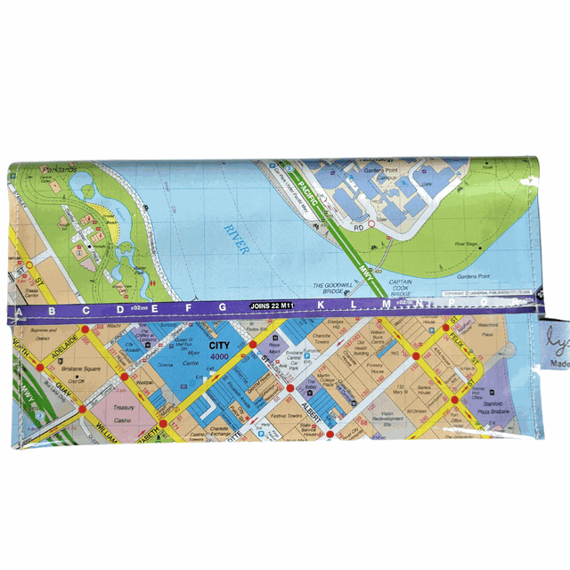 Recycled street map wallet featuring Brisbane City Centre map and magnetic closure