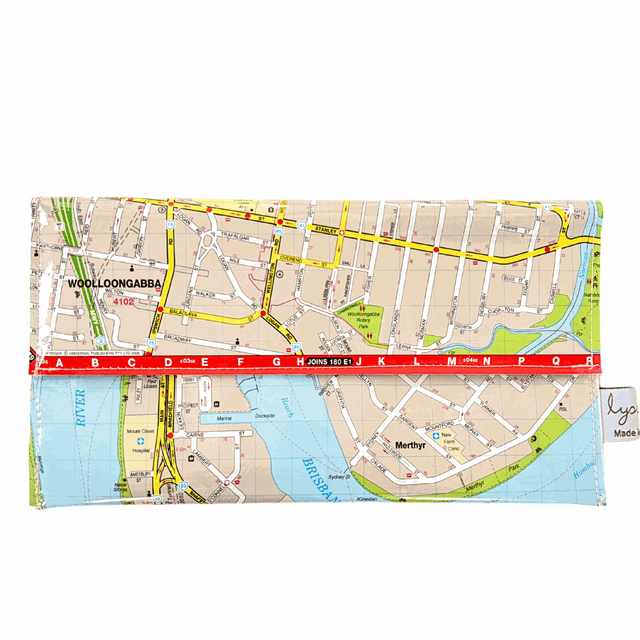 Recycled street map wallet featuring Brisbane suburbs New Farm, Woolloongabba, Kangaroo Point, and East Brisbane with clear PVC cover and magnetic clip closure