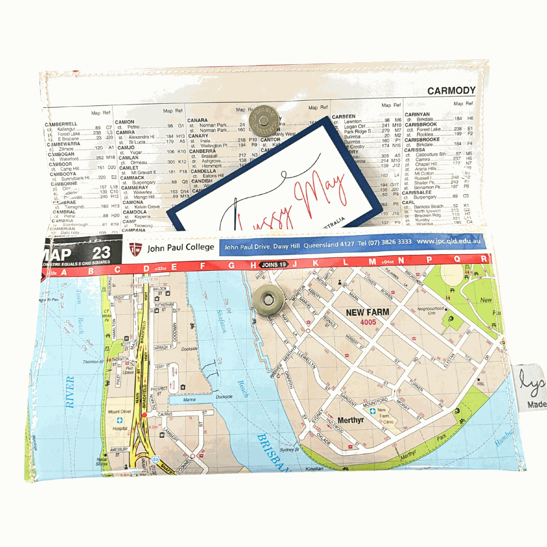 Recycled Map Wallet by LyssyMay Brisbane New Farm and Kangaroo Point inside view of lining with magnetic clip