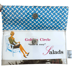 Retro Recipe Wallet made from 1960s Golden Circle Tropical Cook Book pages with blue geometric lining and magnetic clasp