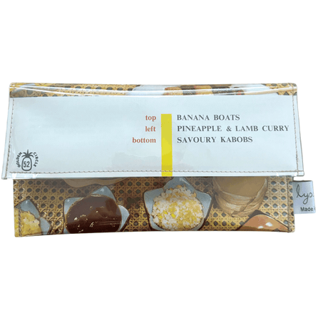 Retro Recipe Wallet made from 1960s cookbook pages featuring Banana Boats, Curry, and Kabobs meals