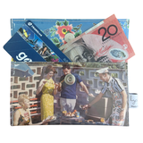 Collage of vintage-style images with people and a 20 dollar note on top showing size of handmade wallet