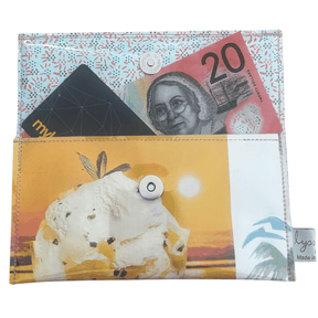 Handcrafted retro recipe wallet made from 1960s Golden Circle Tropical Calypso cookbook pages with blue geometric lining and magnetic clasp