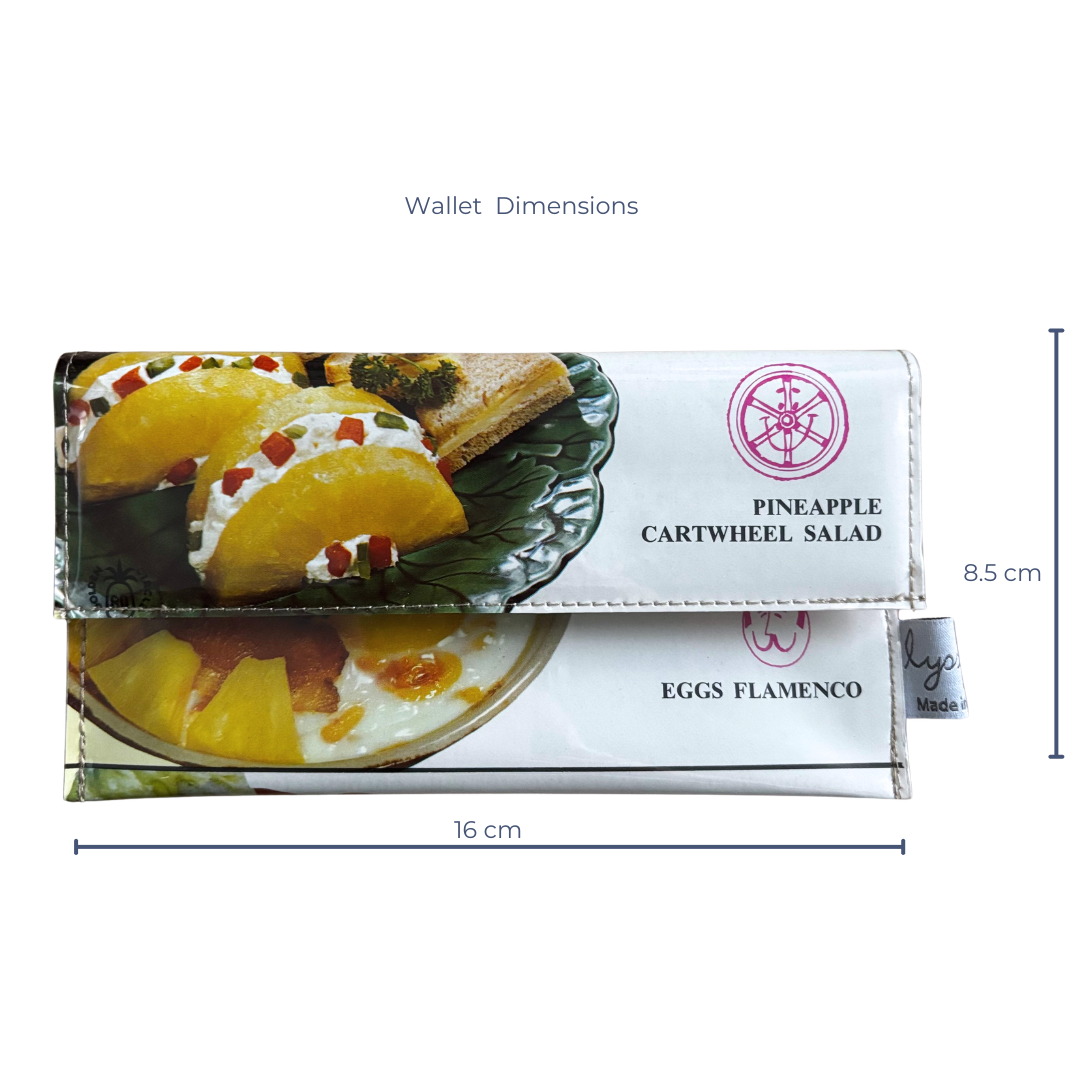 handmade wallet with pineapple cartwheel salad and eggs flamenco designs, showing dimensions on a white background.