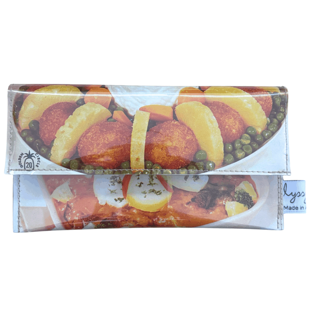 Slimline retro recipe wallet made from 1960s Golden Circle cookbook pages featuring Hearty Rissole Dinner and Sweet Potato Casserole recipes