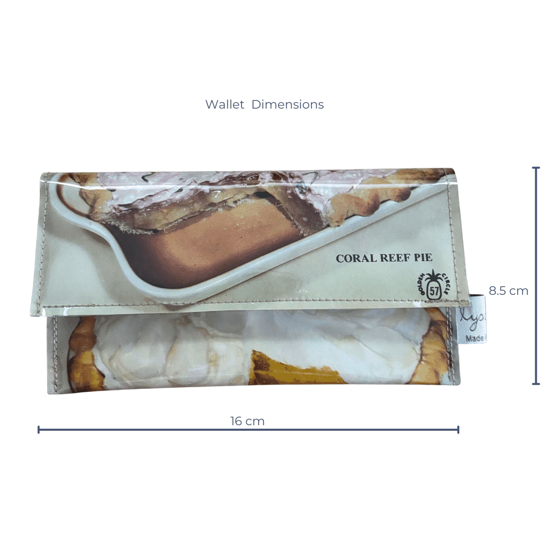 Lyssy May handmade wallet from Golden Circle tropical recipe book with dimensions of 16 cm wide by 8.5 cm high.