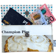 Retro Recipe Wallet made from 1960s cookbook pages featuring Champion Pies design with vintage geometric lining and magnetic clasp.