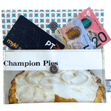 Retro Recipe Wallet made from 1960s cookbook pages featuring Champion Pies design with vintage geometric lining and magnetic clasp.