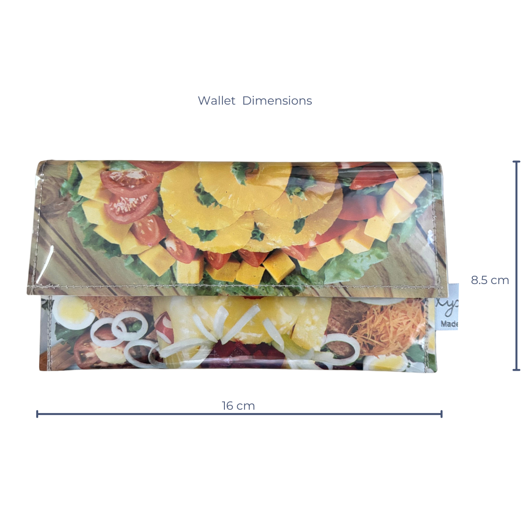Handmade wallet with food print and dimensions on a white background