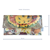 Handmade wallet with food print and dimensions on a white background