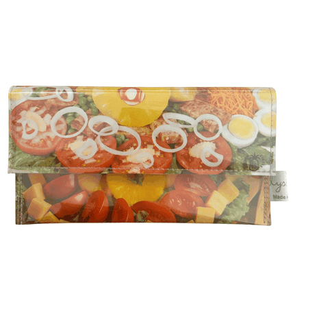 Lyssy May handmade wallet featuring original page from Golden Circle Cookbook from the 1960s. this if the front view showing the salad detail.