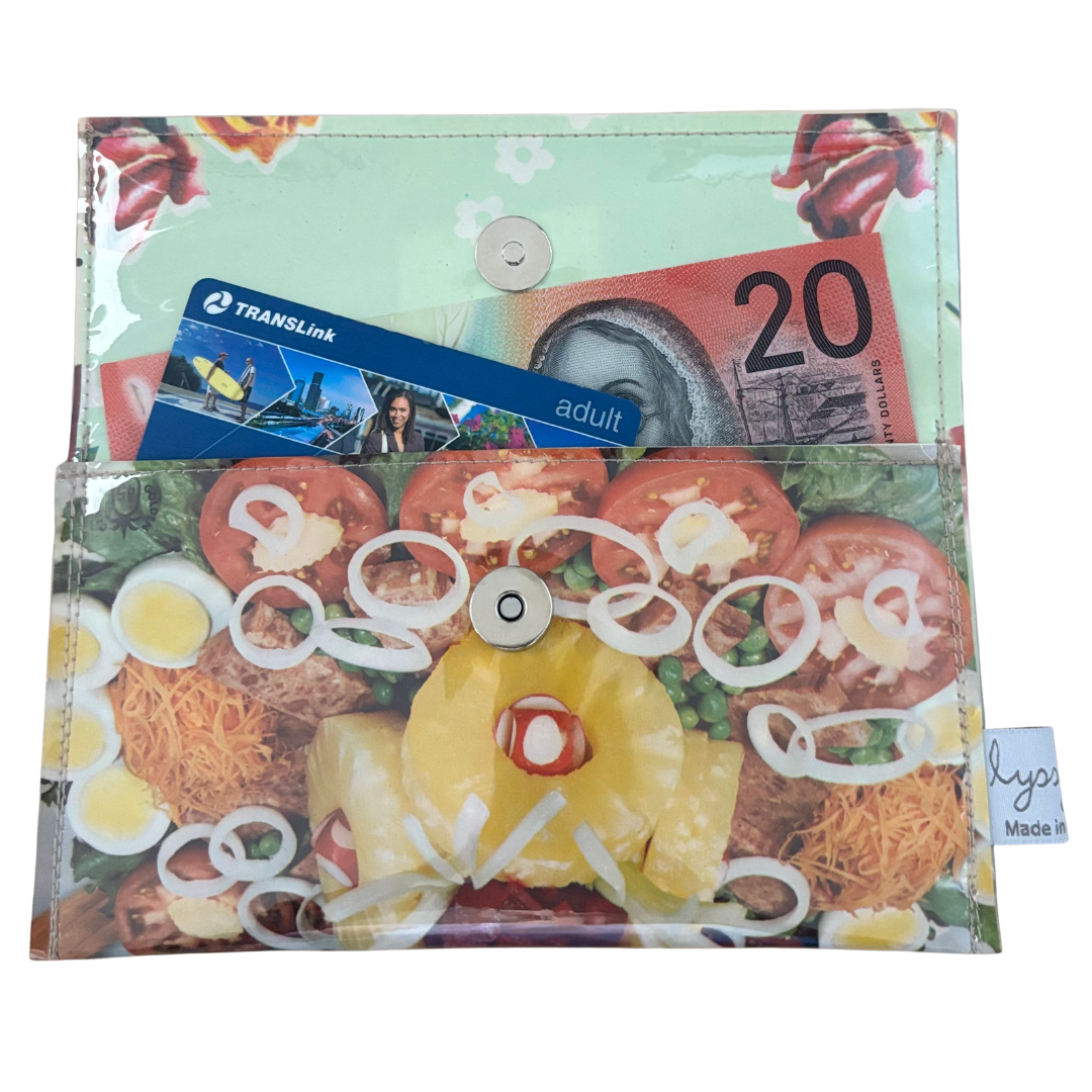 handmade wallet with food-themed design containing a TransLink card and 20 Australian dollar note.
