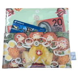 handmade wallet with food-themed design containing a TransLink card and 20 Australian dollar note.
