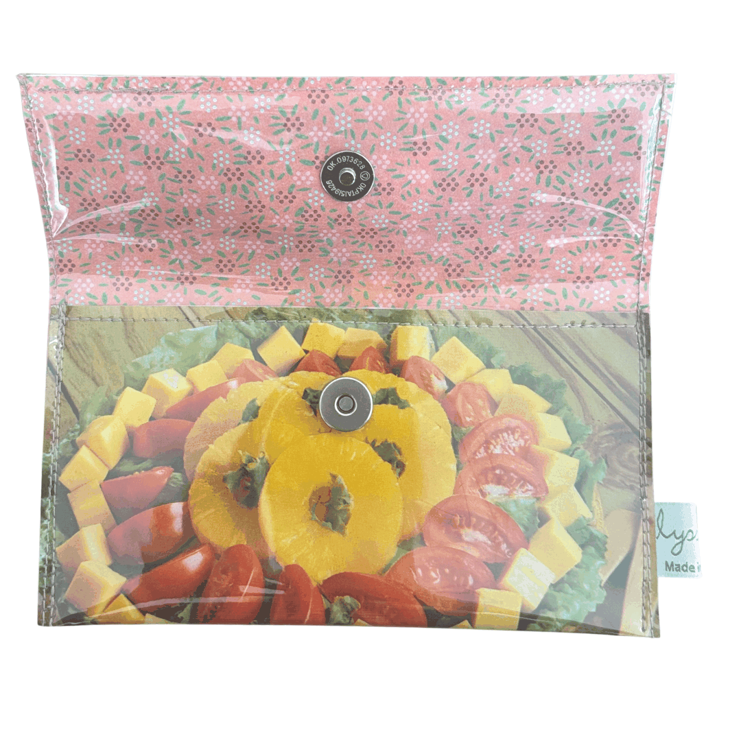 Lyssy May handmade wallet featuring original page from Golden Circle Cookbook from the 1960s. this if the inside view showing the salad detail and paper lining.