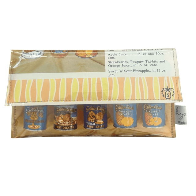 Slimline retro recipe wallet made from 1960s Golden Circle Tropical Cook Book pages with vintage floral lining and magnetic clasp