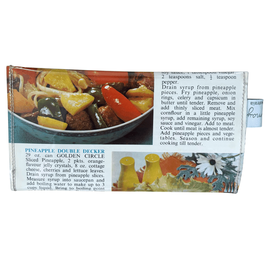 Retro recipe wallet made from vintage 1960s cookbook pages with tropical lunch recipes by Lyssy  May Australia. Back view.