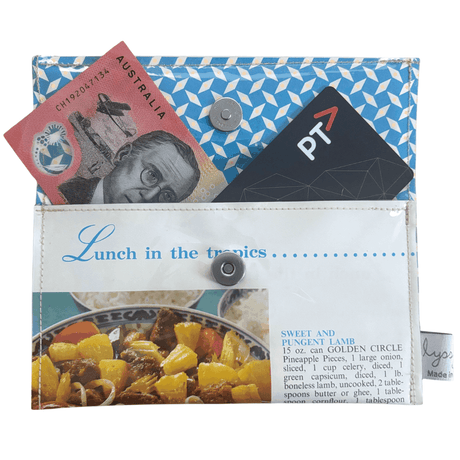 Retro recipe wallet made from vintage 1960s cookbook pages with tropical lunch recipes handmade by Lyssy May. Wallet can fit cash and cards.