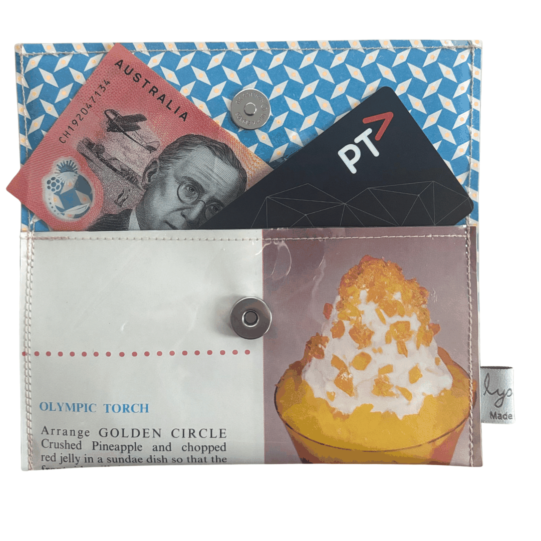 LyssyMay handmade wallet created from Tropical Golden Circle vintage cookbook. Inside view showing wallet is perfect size for cash and cards.