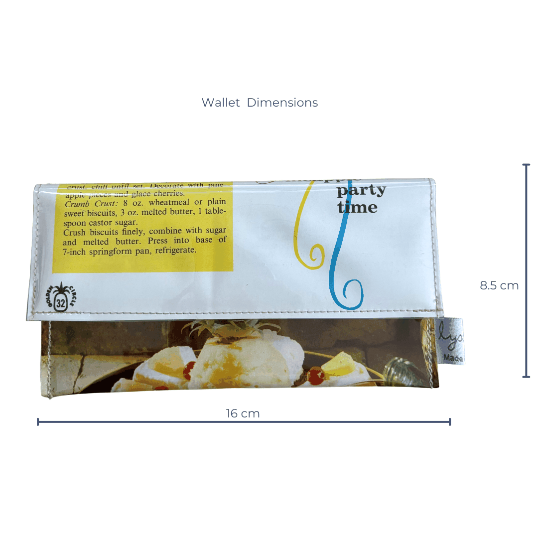 dimensions of lyssymay handmade wallet featuring original page of golden circle tropical recipe book with recipe for pineapple cheese cake.