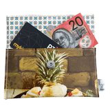 inside view of lyssymay handmade wallet featuring original page of golden circle tropical recipe book with recipe for pineapple cheese cake. wallet fits an australian note and cards.