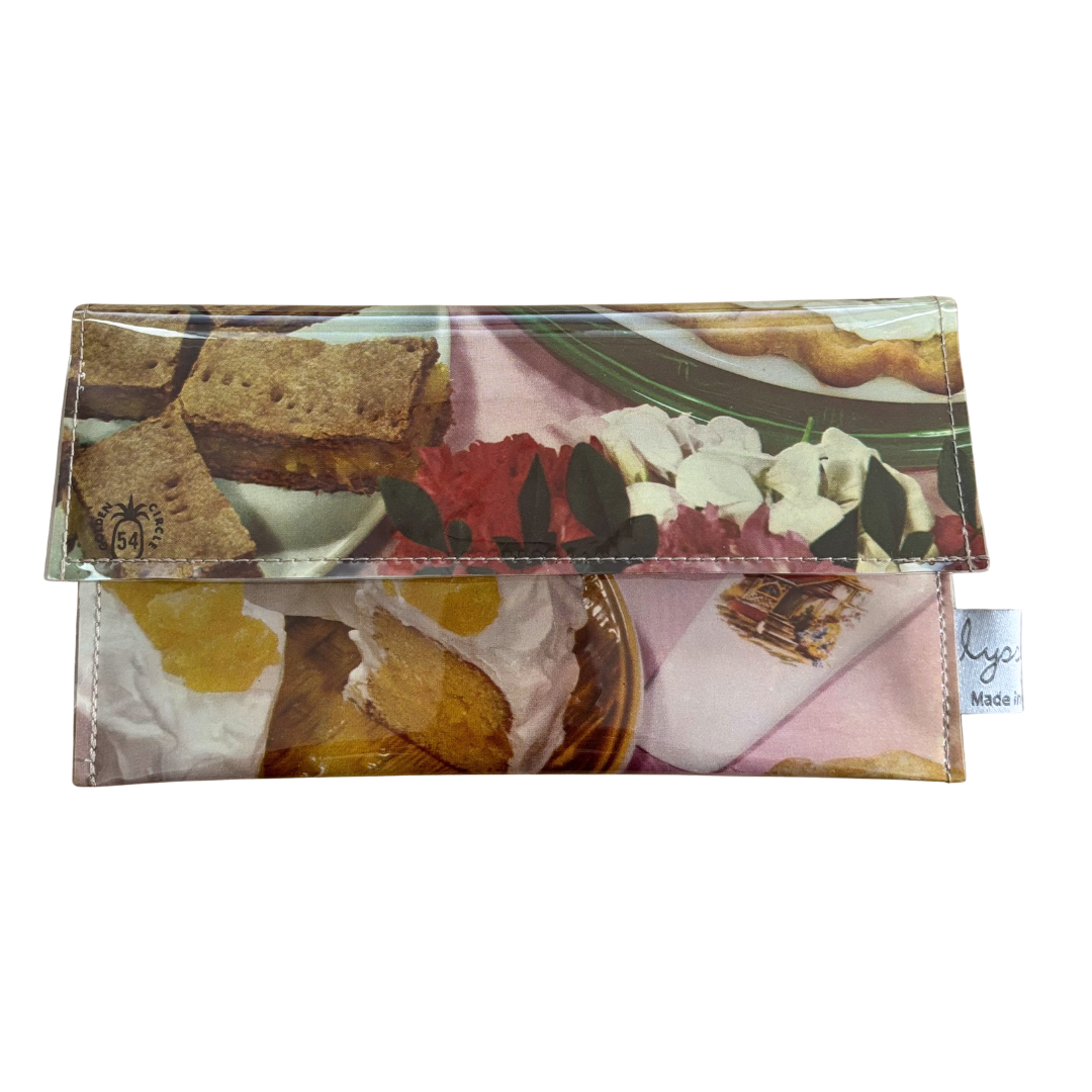 Retro Recipe Wallet made from 1960s Golden Circle Tropical Cook Book pages with pineapple afternoon tea design and floral lining