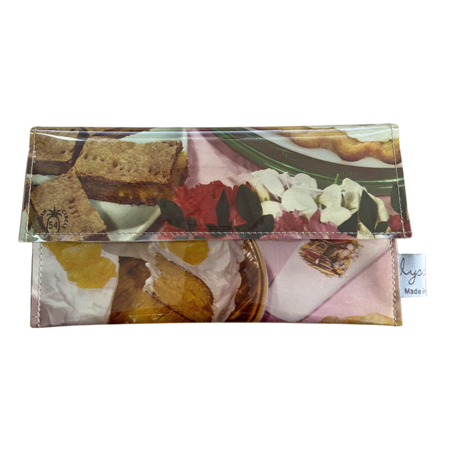 Retro Recipe Wallet made from 1960s Golden Circle Tropical Cook Book pages with pineapple afternoon tea design and floral lining