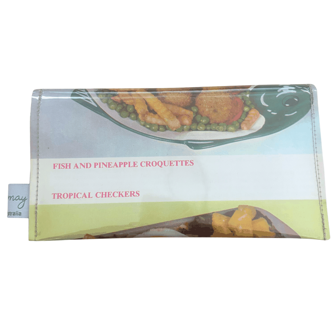 wallet with food design and text on a white background