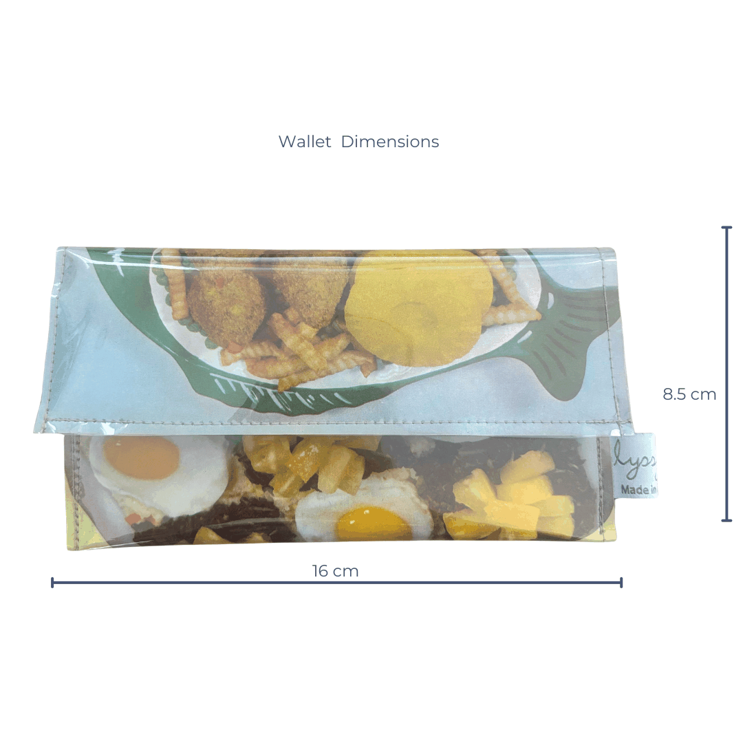 wallet with food print and dimensions on a white background