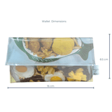 wallet with food print and dimensions on a white background