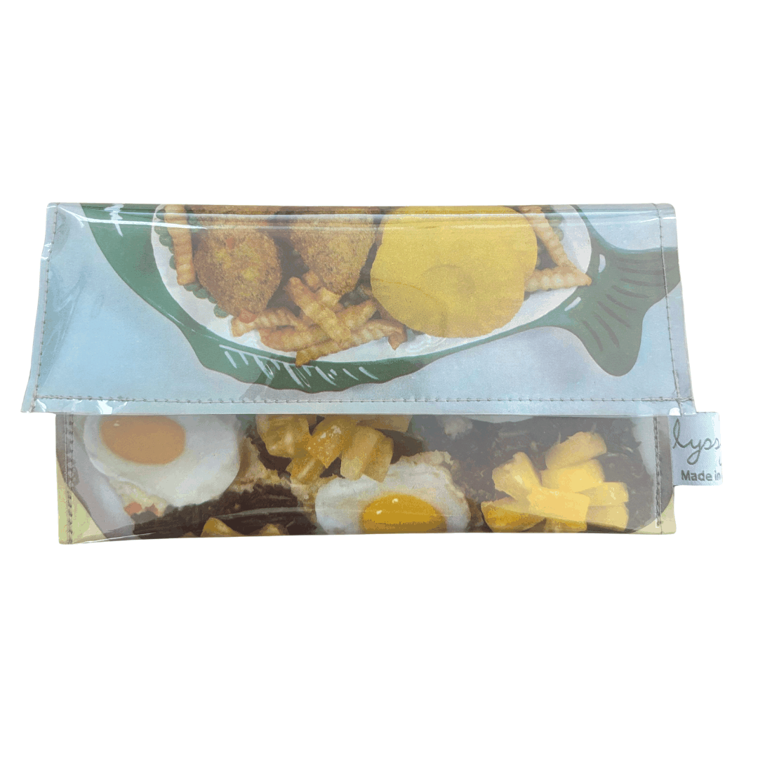 Retro recipe wallet made from 1960s Golden Circle cookbook pages featuring fish and pineapple croquettes design