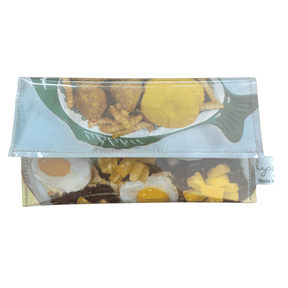Retro recipe wallet made from 1960s Golden Circle cookbook pages featuring fish and pineapple croquettes design