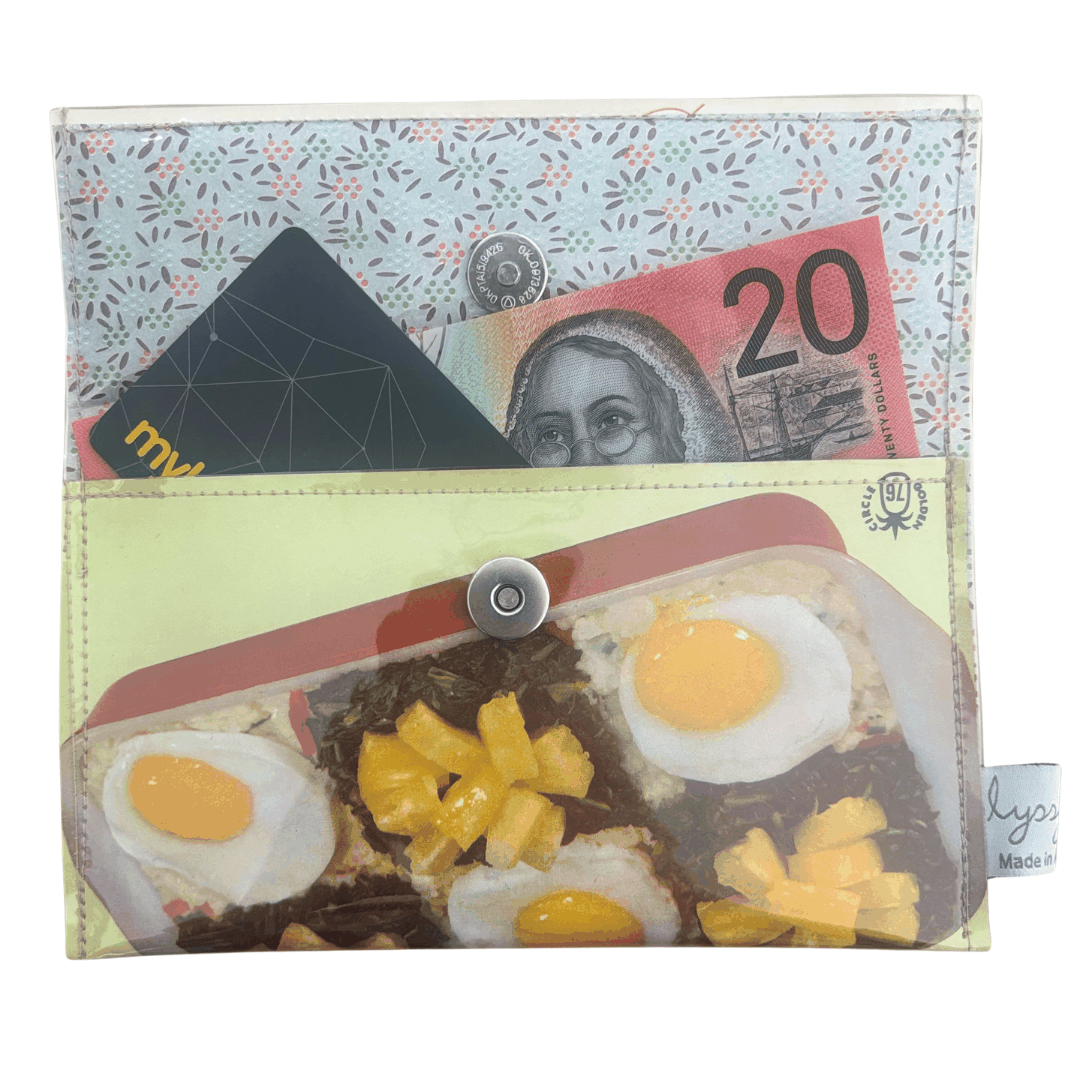 wallet with a retro recipe image being used as a money and card holder.