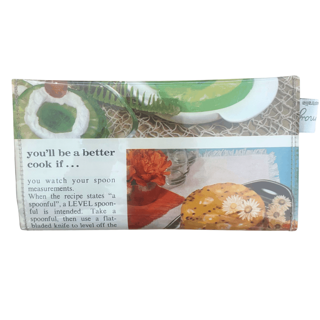 Rectangular product with printed design featuring food images and text on a white background