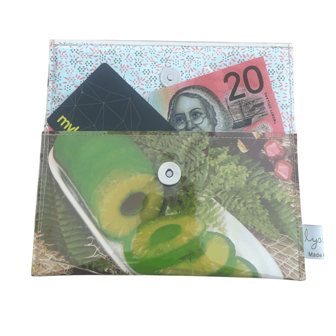 lyssymay wallet with pineapple in jelly image from vintage recipe book holding money and card inside