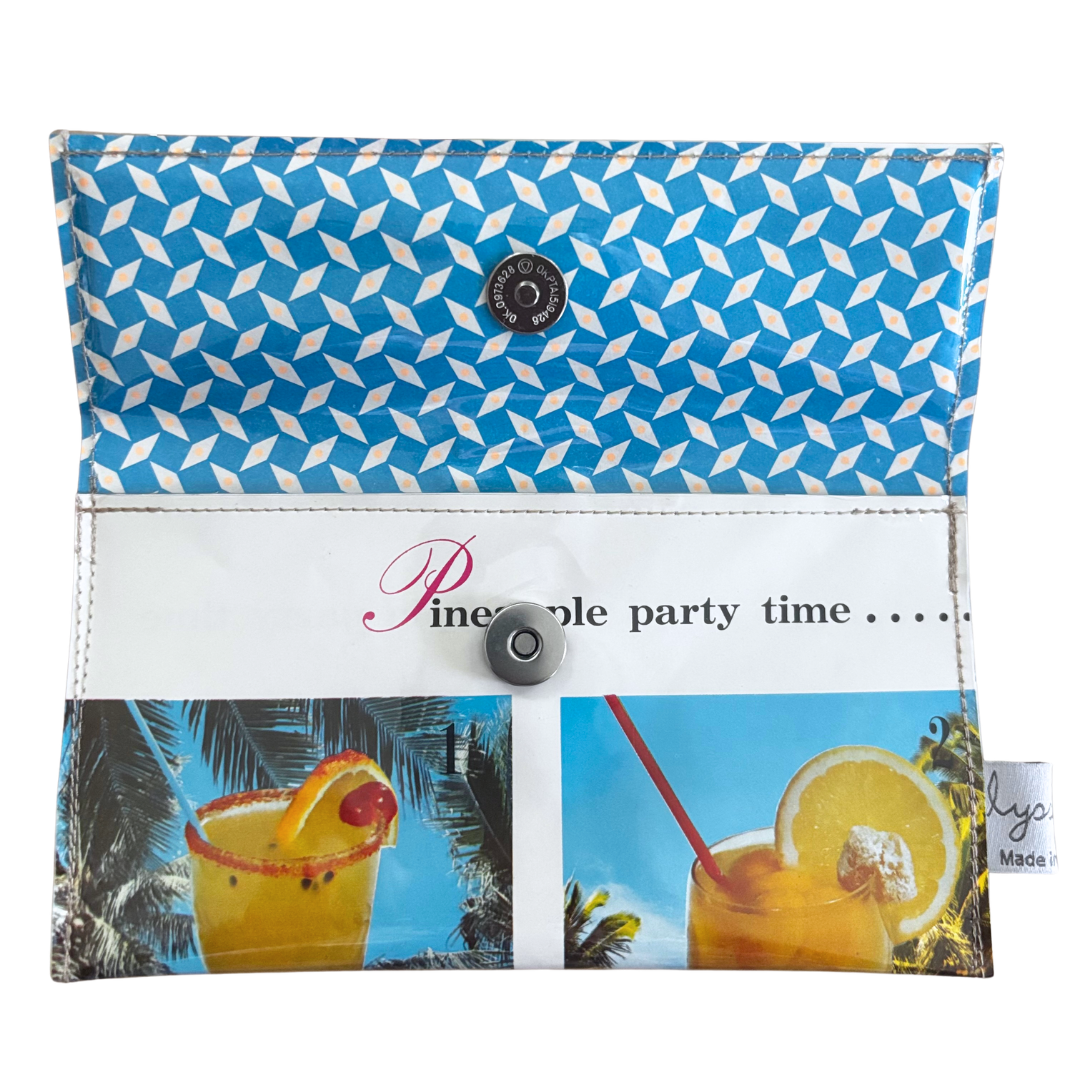 Blue and white patterned handmade wallet with 'Pineapple party time' text and tropical drink images.