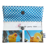 Blue and white patterned handmade wallet with 'Pineapple party time' text and tropical drink images.