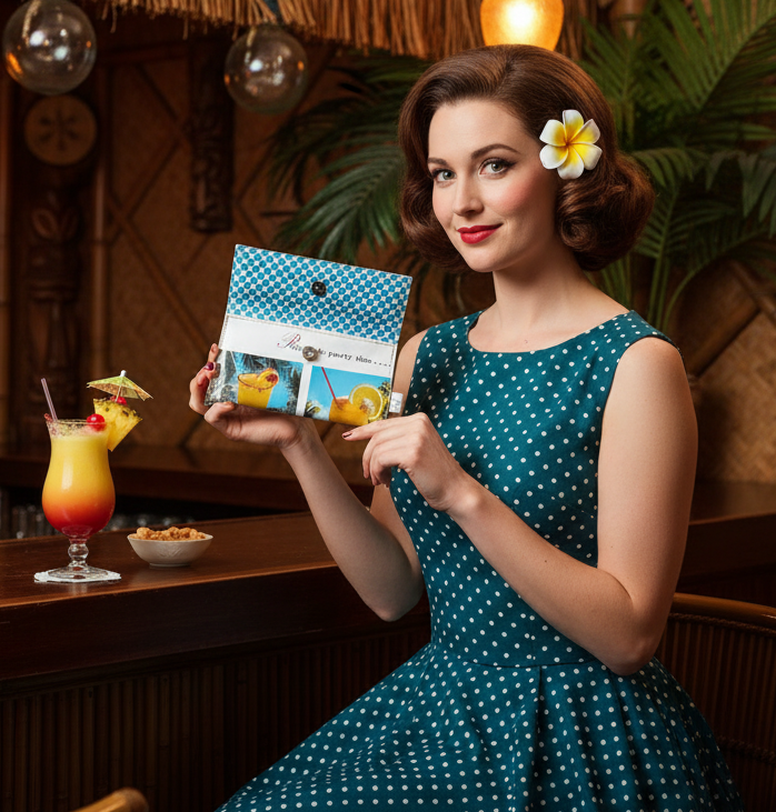 Woman in a polka dot dress holding a product in a bar setting with drinks and decor.