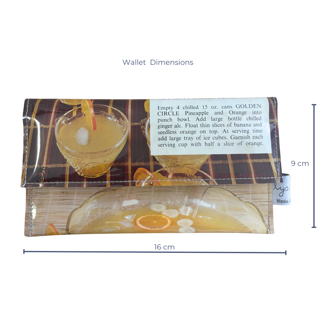 handmade wallet with drink design and dimensions on a white background