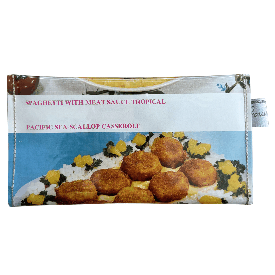 back view of lyssy may handmade wallet  with images of pasta and scallops on a white background