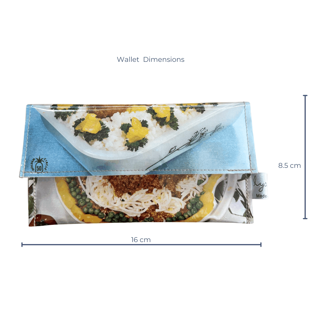 wallet with food-themed design and dimensions on a white background