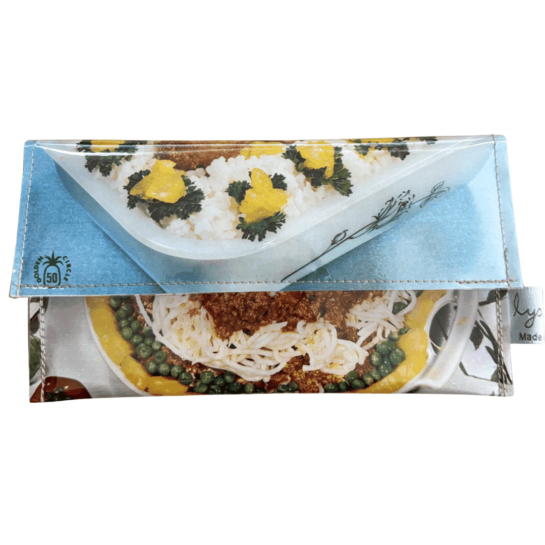 Foldable wallet with images of food on a white background