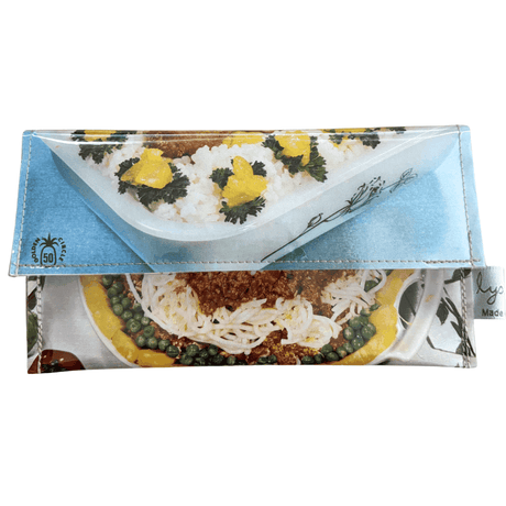 Foldable wallet with images of food on a white background