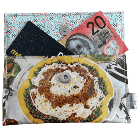 Retro Recipe Wallet made from 1960s Tropical Spaghetti and Sea-Scallop Casserole cookbook pages with floral lining and magnetic clasp