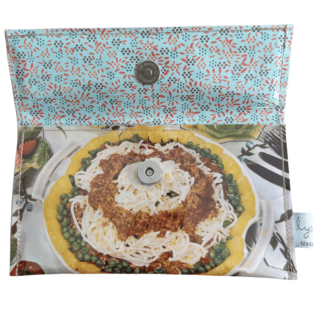 handmade wallet by lyssymay with a printed design of a dish on a white background