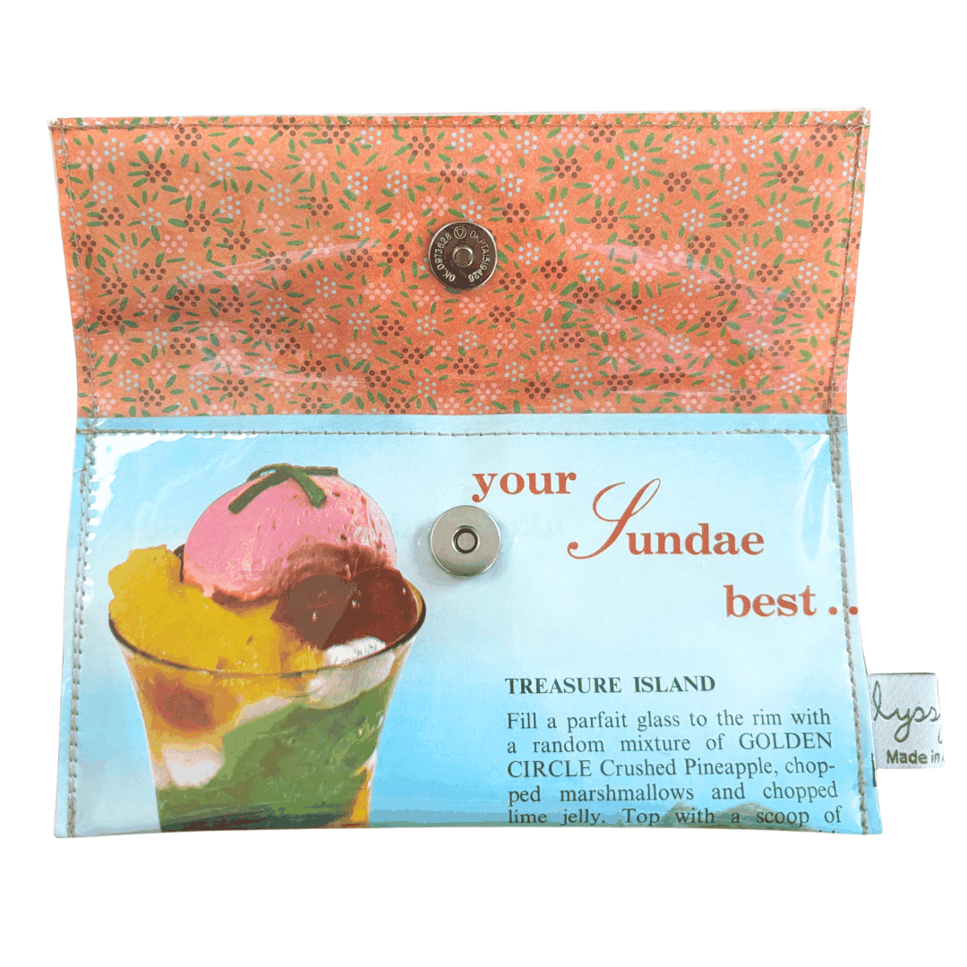 Retro Recipe Wallet made from 1960s pineapple sundae cookbook pages with vintage floral lining
